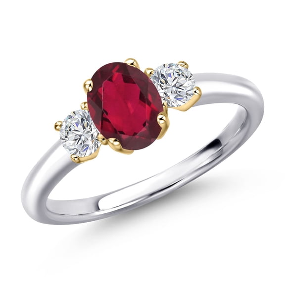 Gem Stone King 925 Silver and 10K Yellow Gold Ruby Red Mystic Topaz and Lab Grown Diamond Engagement Ring for Women | 1.14 Cttw | Oval 7X5MM | Gemstone November Birthstone | Size 9