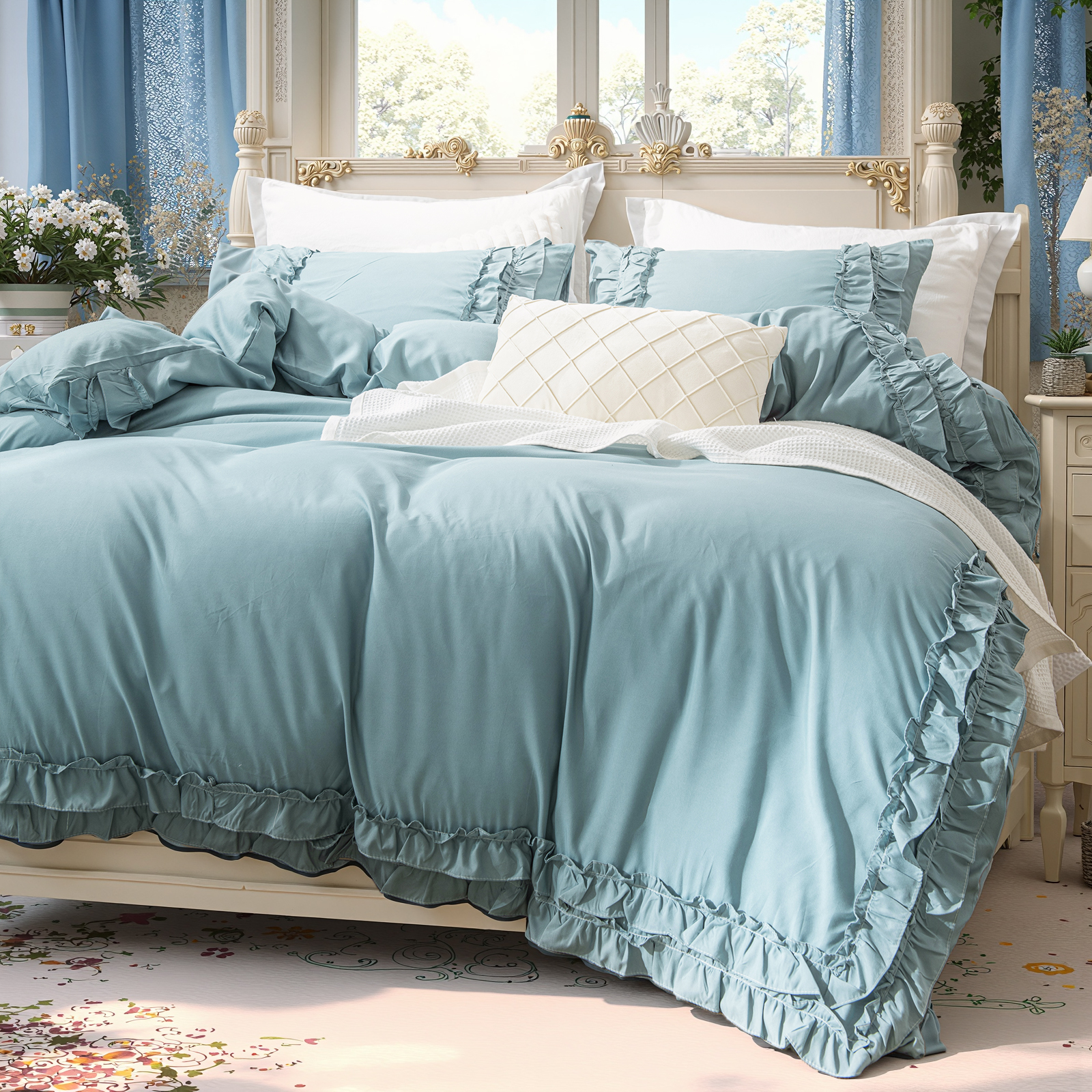 Boho Ruffled Comforter Set Super Soft Cozy Bedding Set with Pillowcases Elegant Chic Bedroom Decor Rustic Farmhouse Quilt Comforter 3 Pcs Set