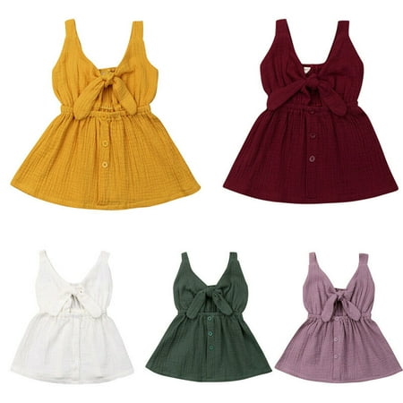 Summer Kids Girls Princess Dress 6 Pure Color Dress For Girls 2019 New Baby Girl Sleeveless Ruffles Button Pageant Party