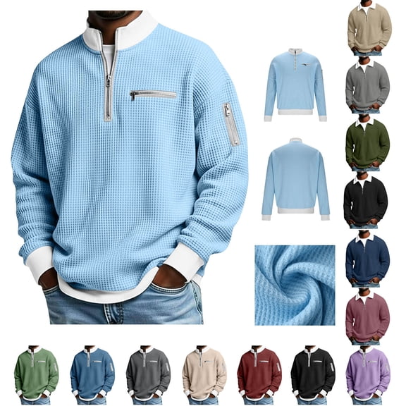 DIOAZUD Men's Quarter Zip Up Pullover Long Sleeve Collared Waffle Tops Color Block Sweatshirt with Zipper Pockets Loose Fit Casual Pullover Tops