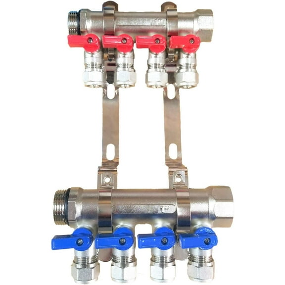 1" 4-Loop/Port Ball Valve Brass Pex Manifold for 1/2" Pex Tubing w/brackets