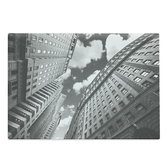 Black and White Cutting Board, Urban Design Skyscrapers in Manhattan and the Cloudy Sky Digital Print, Decorative Tempered Glass Cutting and Serving Board, Large Size, Black and White, by Ambesonne