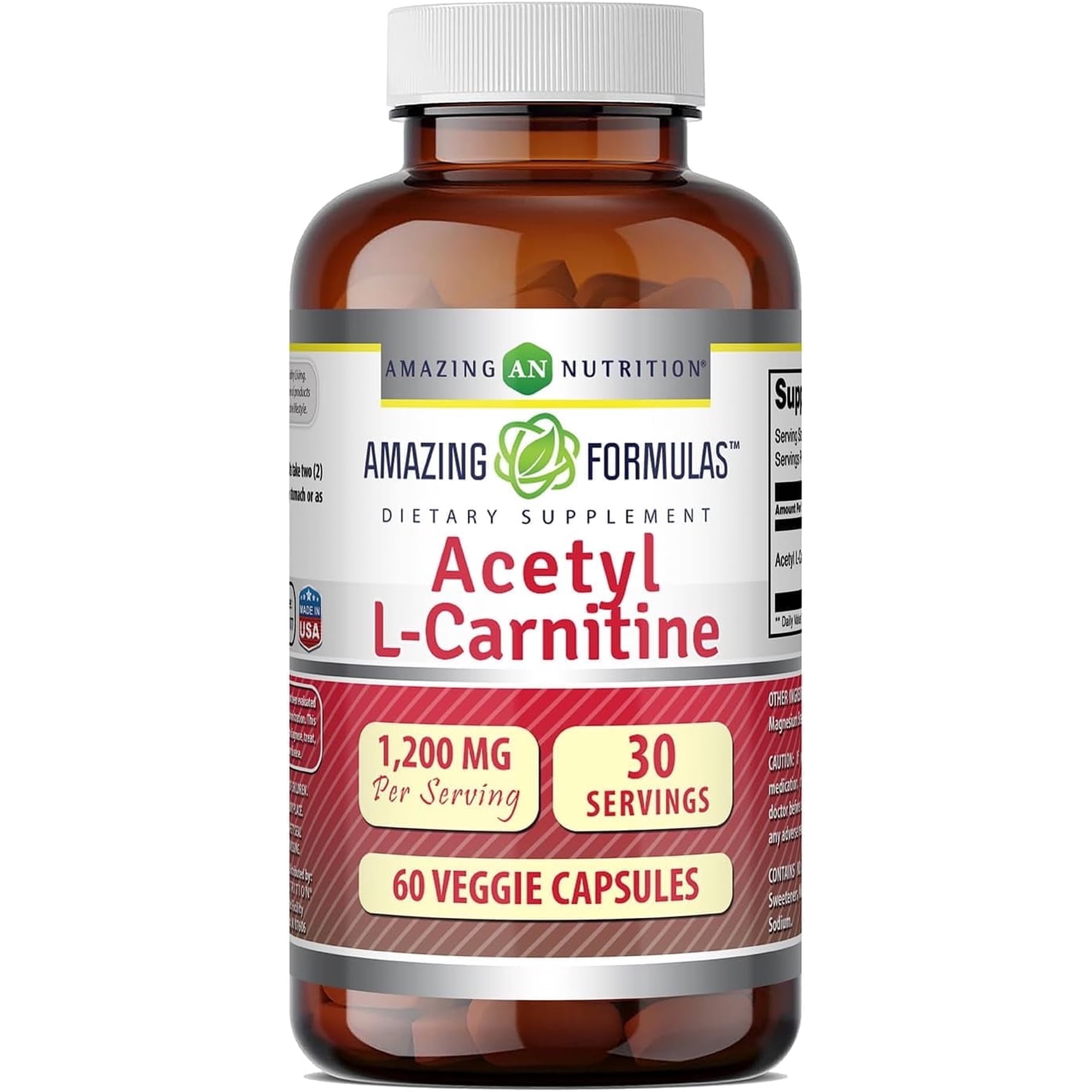 Amazing Formulas Acetyl L-Carnitine 1200 Mg Per Serving 60 Veggie Capsules Supplement | Non-GMO | Gluten Free | Made in USA | Suitable for Vegetarians
