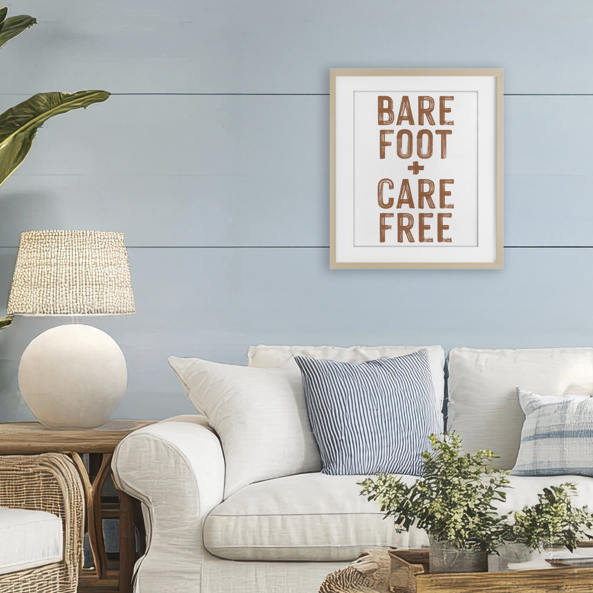 Barefoot Carefree Summer Sentiment Birch Framed Print Under Glass, design by Lettered and Lined