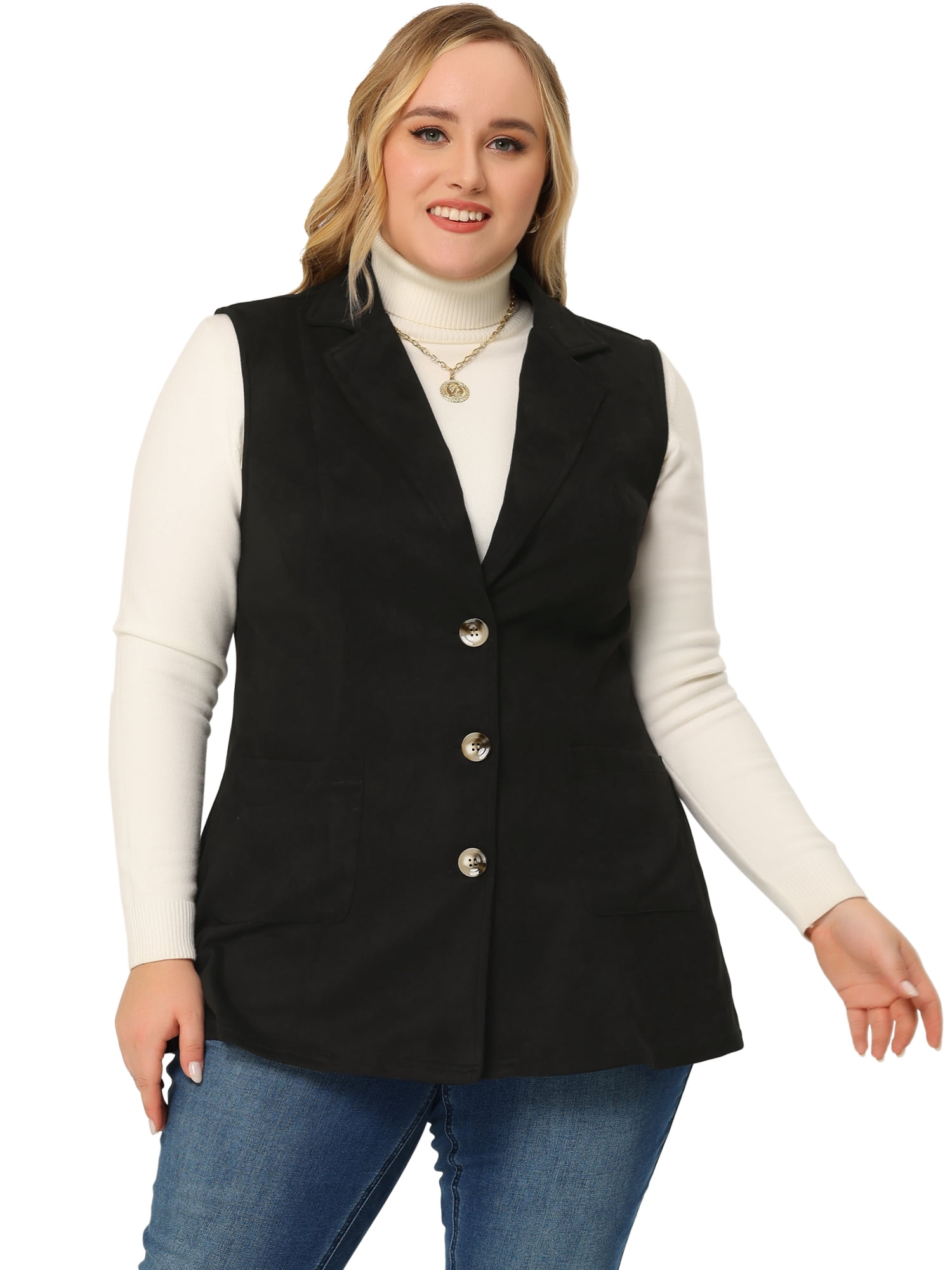 DARING DIVA Women's Plus Size Lapel Sleeveless Lightweight Suede Vests 5X Black