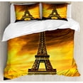 thumbnail image 1 of Eiffel Tower Duvet Cover Set Queen Size, Paris Love City Monument In Dramatic Sunrise Picture of French Landmark, Decorative 3 Piece Bedding Set with 2 Pillow Shams, Yellow Brown, by Ambesonne, 1 of 3
