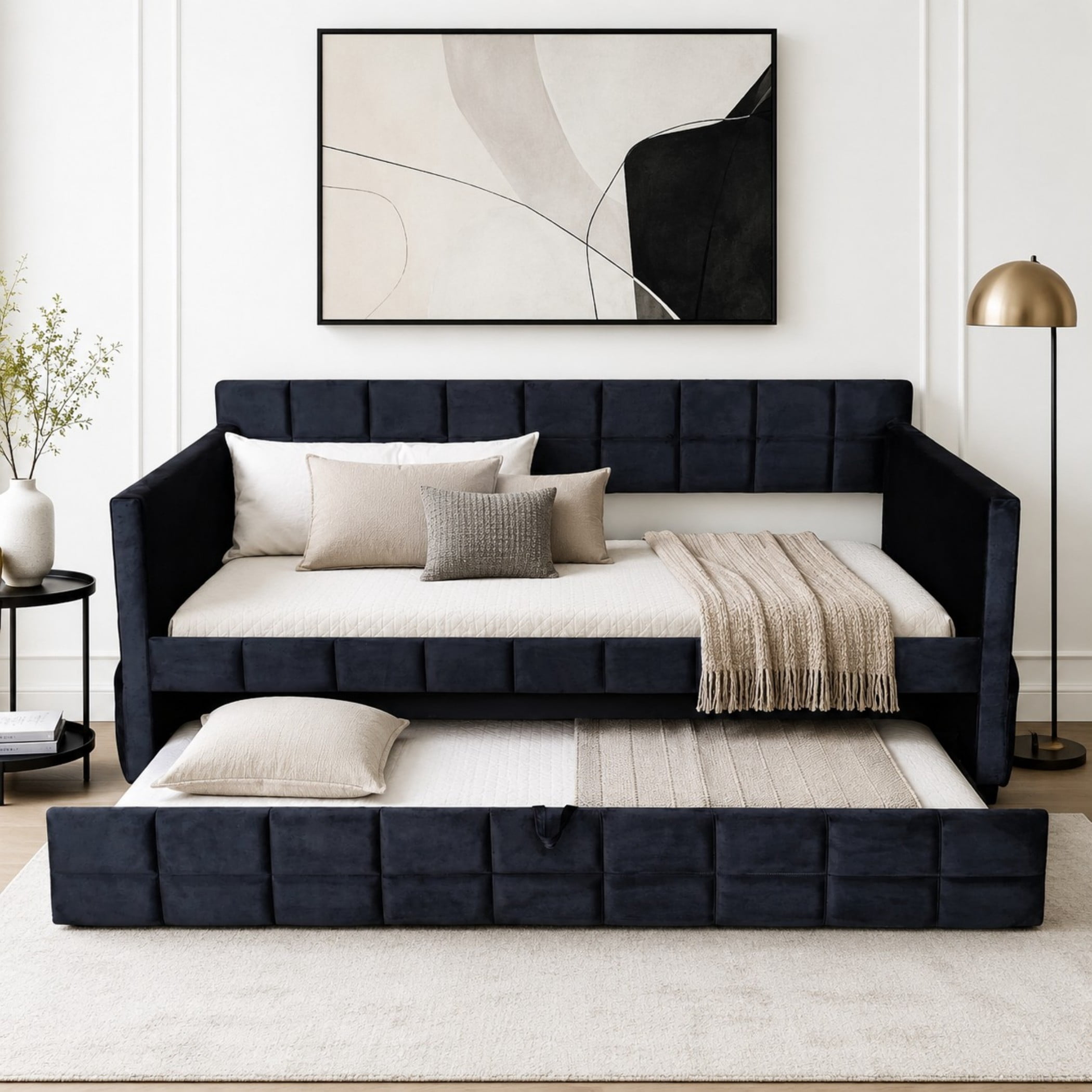 Aukfa Modern Twin Daybed with Trundle, Velvet Upholstered Bed Frame with Storage Pockets, Space-Saving Sofa Bed for Living Room, Bedroom, Black