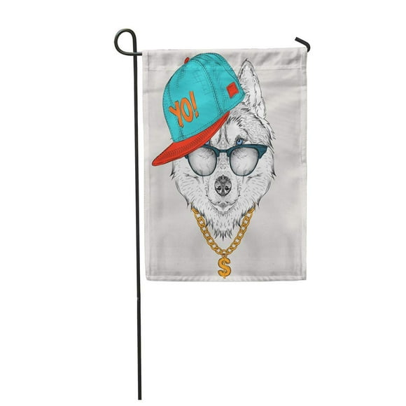POGLIP Dog The with Husky Portrait in Hip Hop Hat Alaska Barking Beast Black Garden Flag Decorative Flag House Banner 28x40 inch