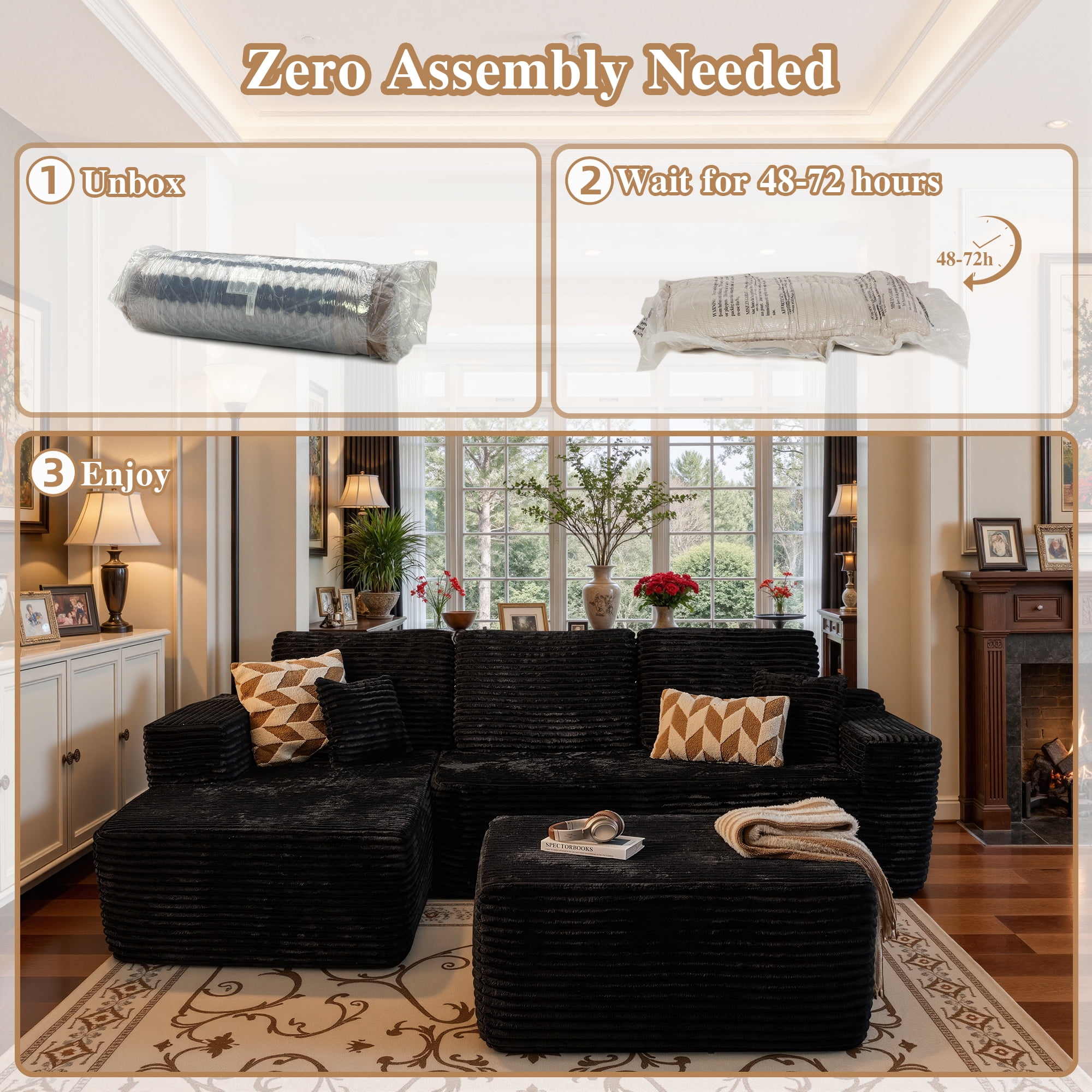 Ovios 106" Cloud Sofa Couch No Assembly Boneless Deep Seat Sofa with Ottoman for Living Room, Black (Plush Corduroy)