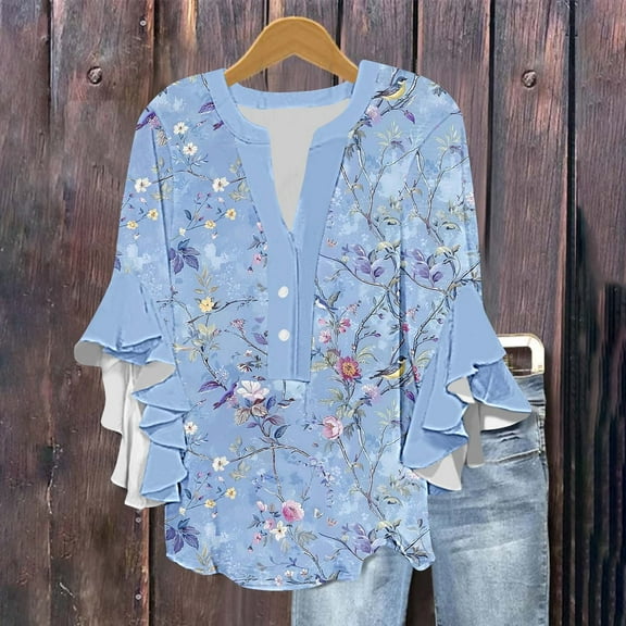 Blmnix Polo Shirts Poncho Tops for Women Floral Elegant Tops for Women 3/4 Sleeve V-Neck M Tops