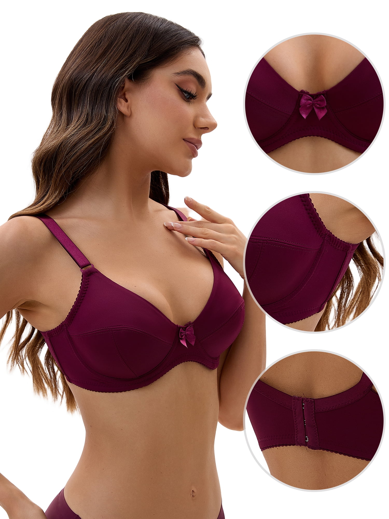 DARING DIVA Women's V Neck Adjustable Strap Underwire Push Up Bras Dark Red 44 D