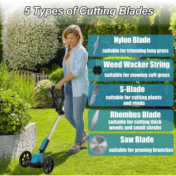 Electric Weed Wacker Cordless Eater Lightweight Edger Battery Powered Grass Trimmer/Lawn Edger/Mower/Brush Cutter, with 5 Types Blades and 2 Types Wheels for Yard and Garden Weeder Tool