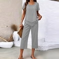 thumbnail image 2 of Hurxie Capri Sets Women 2 Piece Outfits Summer Top and Wide Leg Striped Pants with Pockets for Vacation Travel Clothes Gray,S, 2 of 6