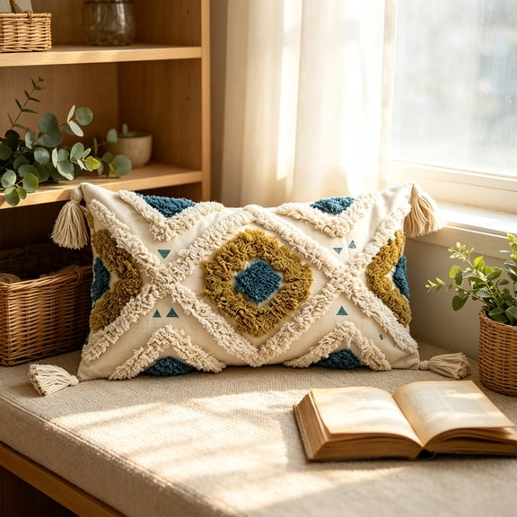 Boho Pillow Covers 12X20 Inch Boho Tufted Throw Pillow Covers Decorative Tassels Cushion Cover Farmhouse Pillow Case for Couch Sofa Bed Living Room Bedroom