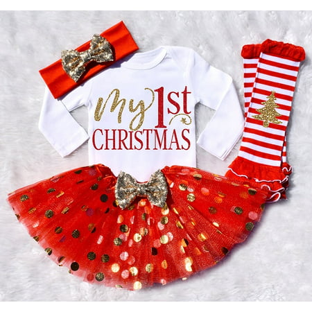 Infant Baby Girls My First Christmas Tutu Dress Skirt Romper Headband Outfit Set