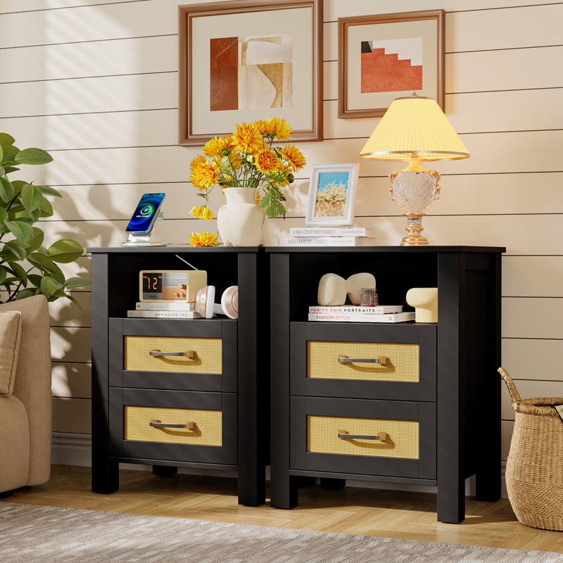 Vineego Rattan Nightstand Set of 2 with Power Outlet, End Table Beside Table with 2 Drawers & 1 Open Shelf for Bedroom Living Room, Black