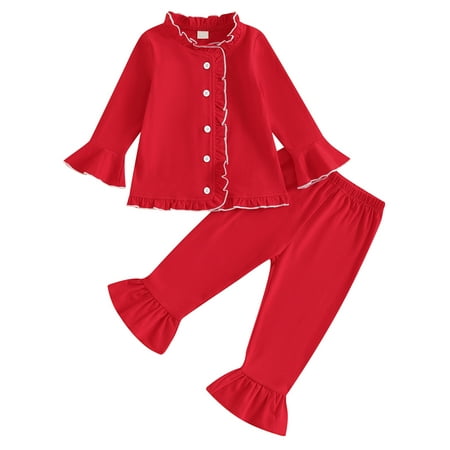 

Wallarenear Little Girls Ruffle Pajamas Set Button Shirt Tops Pants Sleepwear Nightwear