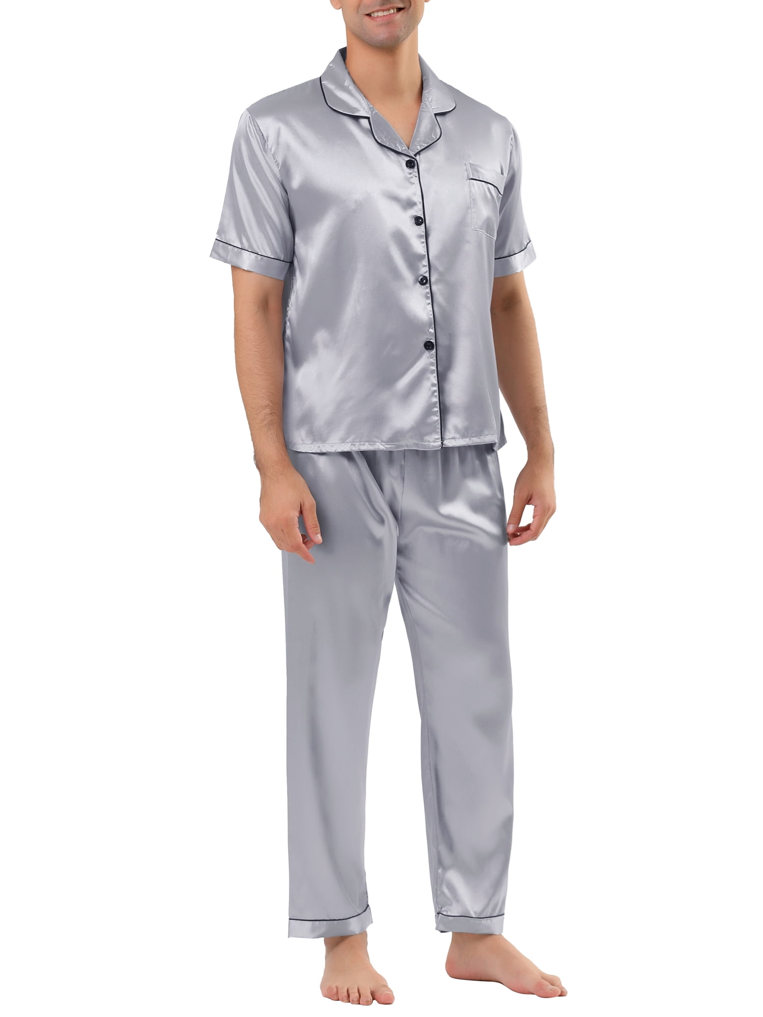 Unique Bargains Men's Button Down Satin Pajama Sets Short Sleeves Nightwear Small Gray