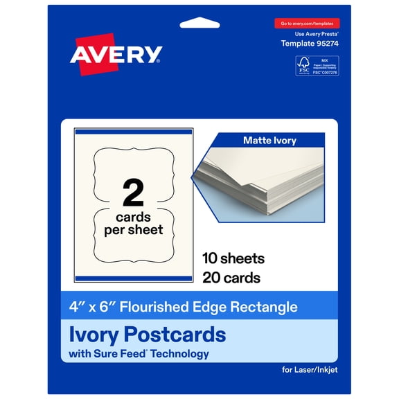 Avery Printable Flourished Edge Postcards, 4" x 6", Ivory, 20ct