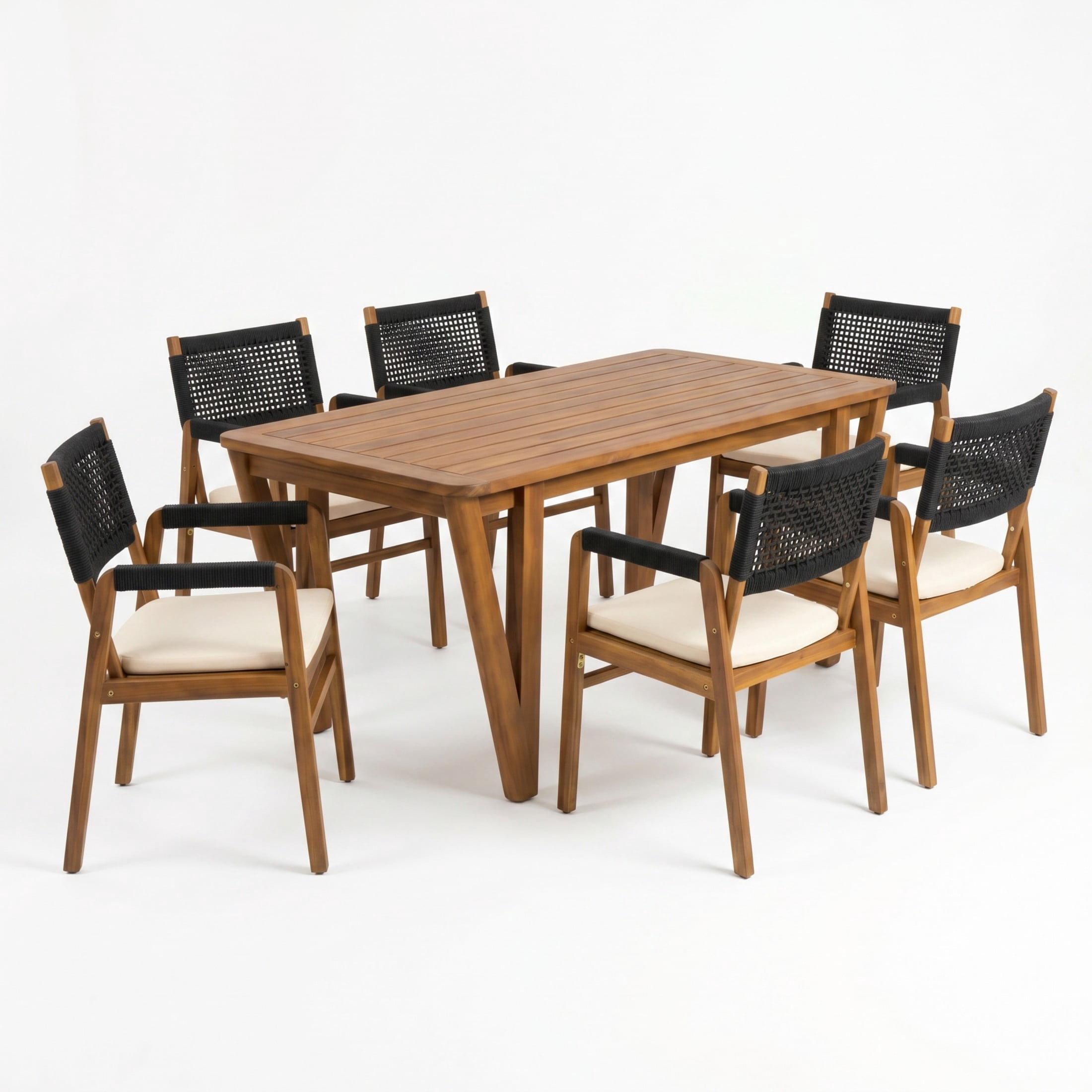 Christopher Knight Home 7-Piece Wood Modern Patio Dining Set with Rope Armchairs and Cushion, Black
