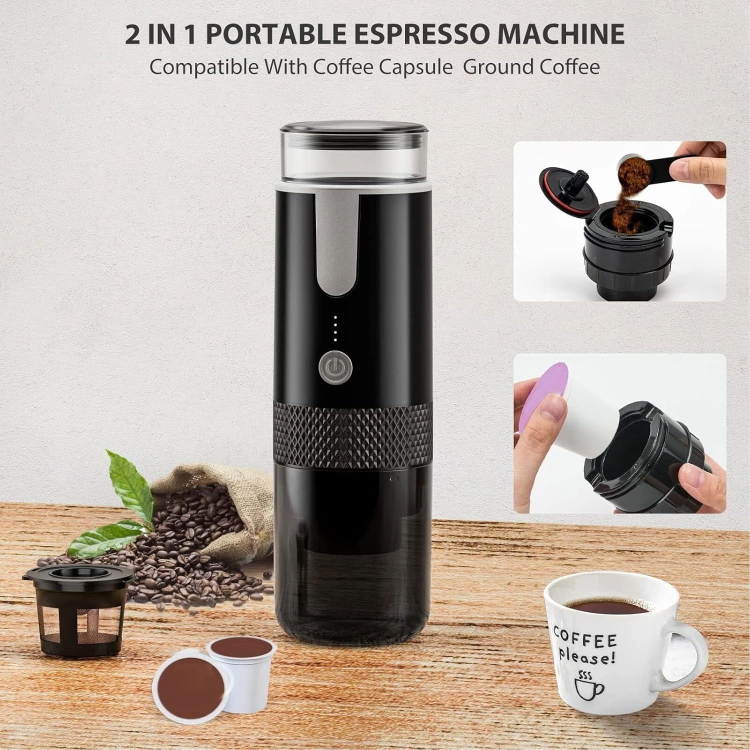 Portable Coffee Machine Compatible for K Cup Capsules & Ground Coffee Handheld Coffee Maker Manually Operated for Camping Hiking, Driving, Home and Office