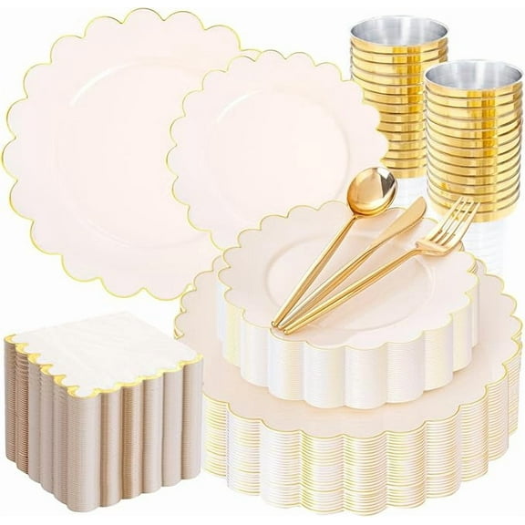 210pcs Plastic Disposable Dinnerware Set - Ivory Plastic Scalloped Plates, Gold Foil Paper Napkins Include Bridal Shower Plates Gold Plastic Silverware Napkins Cups for Birthday 30 Guests