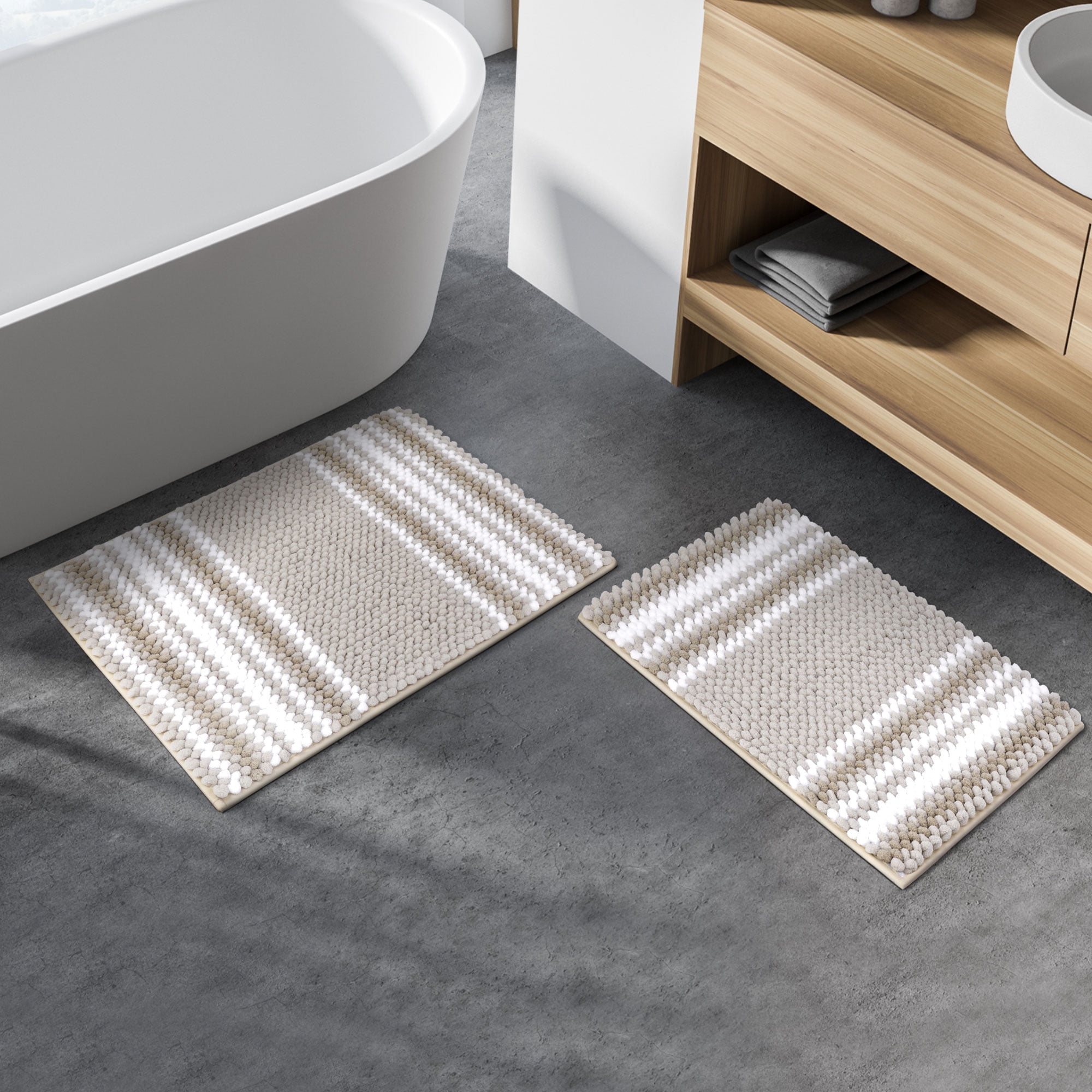 REGALWOVEN Chenille Bathroom Rug Set of 2 Extra Soft Fluffy, Striped Bath Mat Shaggy Rugs Absorbent Bone 17x24" & 20x32"