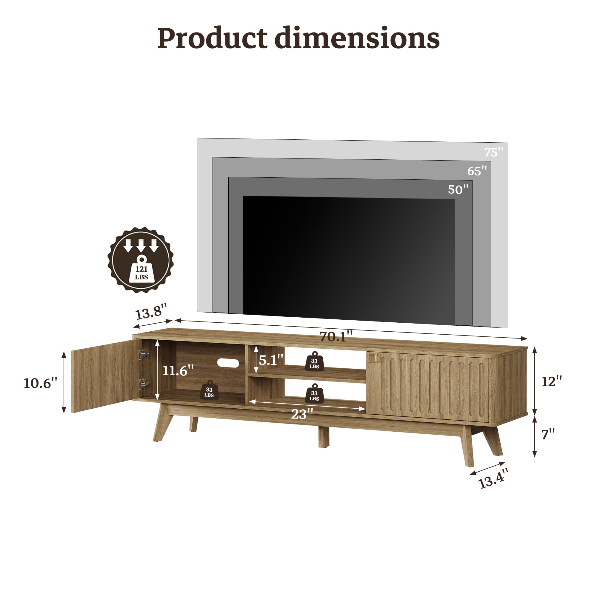 SICOTAS 70.1 inch Long Modern TV Stand Set of 2, Minimalist Console Table with 2 Fluted Doors, 3-Tier Storage Shelves, Long Entertainment Center for Living Room, Brown Oak