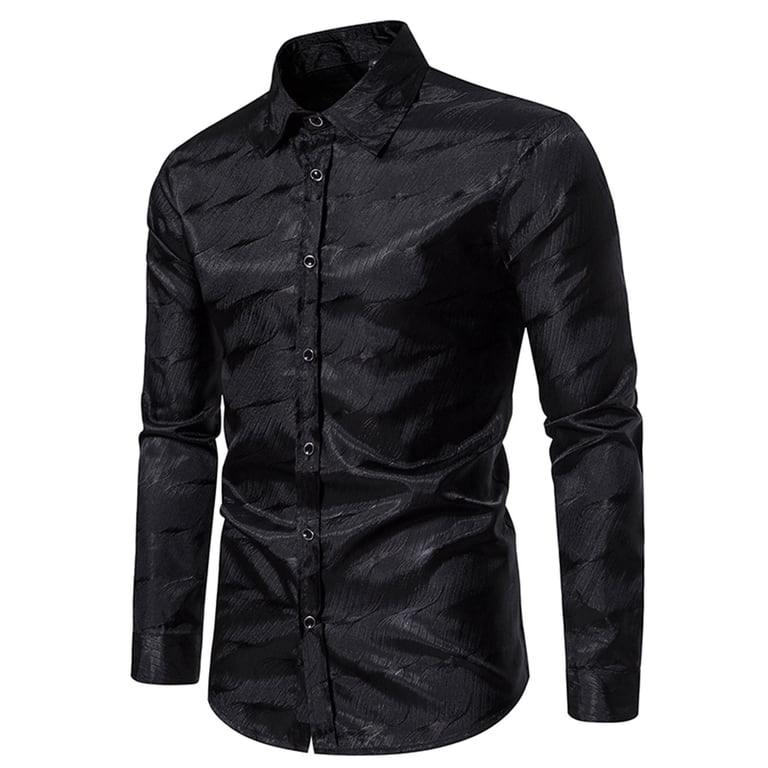 WREESH Mens Slim Fit Dress Shirts Jacquard Undershirt Button Up Long Sleeve Shirt Solid Casual Business Formal Shirt Black-D