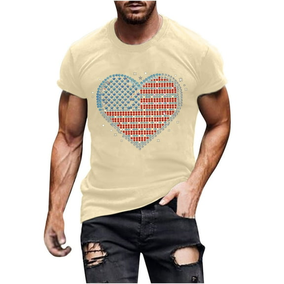 HOMADLES Men Flag Graphic Tee Independence Day Crewneck Muscle Stretch T Shirt Short Sleeve Beige 2XL