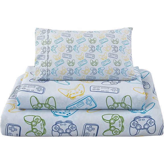 Viviland 4 Pieces Boys Grey Full Sheet Set - Soft Microfiber Fitted Flat Sheets & Pillowcase - Game Player Paddle Printed Bedding Sets - for Kids