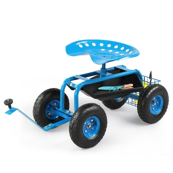IVV Garden Cart with Seat, Heavy Duty Gardening Work Stools w/Height Adjustable Rotatable Seat & 10" Large Wheels, Rolling Garden Scooter for Outdoor Lawn Yard Planting (Blue)