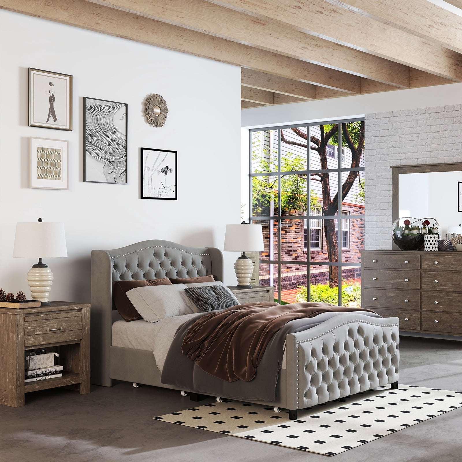 Bonzy Home Platform Bed Frame Full Size Velvet Upholstered Sleigh Bed with Scroll Wingback Headboard & Footboard/Button Tufted with Storage Easy Assembly Gray