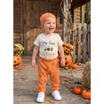 thumbnail image 6 of RUINIXCW Newborn Baby Boy Girl My First Halloween Outfit Infant Fall Clothes Letters in Tractor Print Short Sleeve Romper with Pumpkin Pants Hat Set, 6 of 10