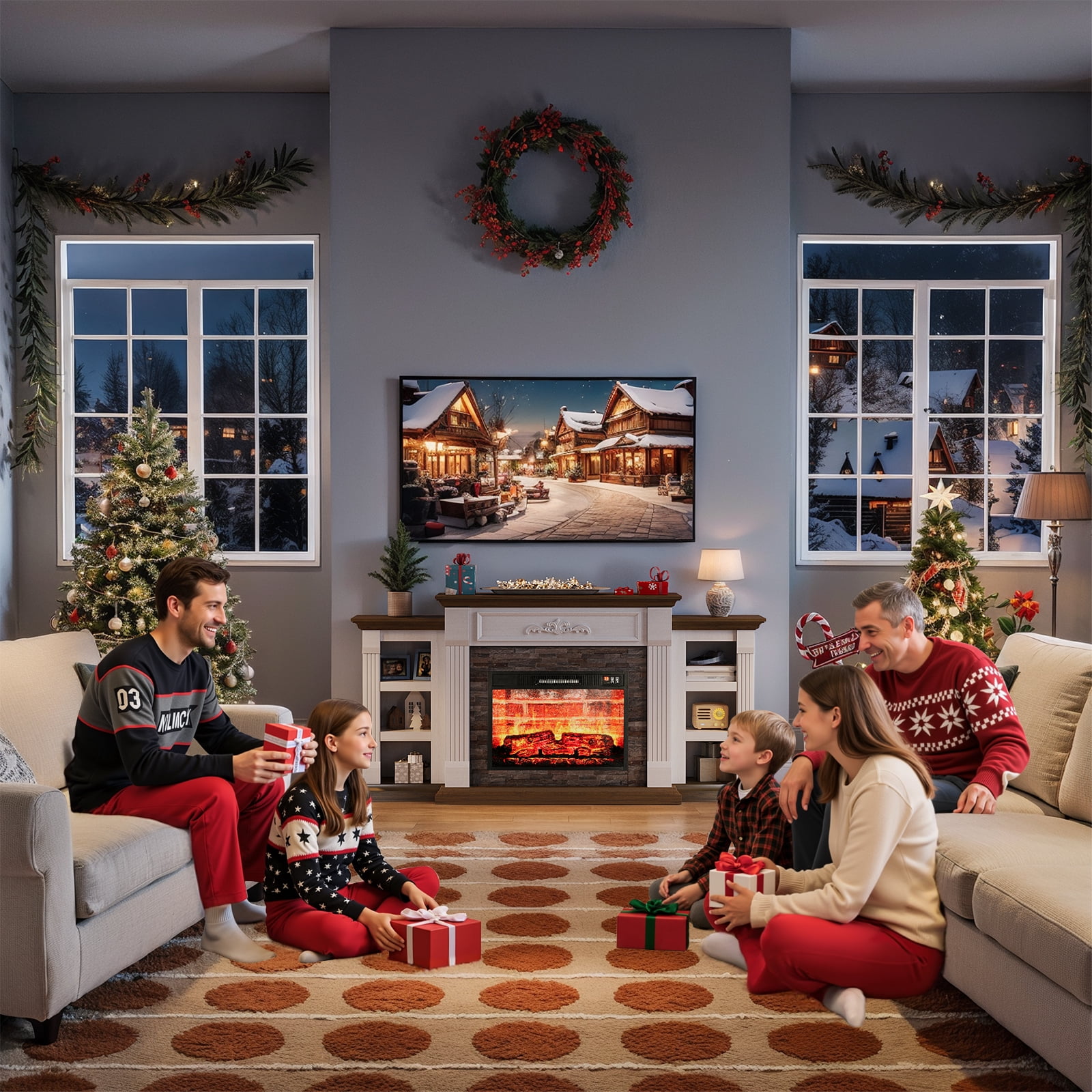 LGHM 72" Fireplace TV Stand for 75 inch 80 inch TV, Electric Fireplace with Mantel, Farmhouse Television Stands with 23" Electric Fireplace, White Brown