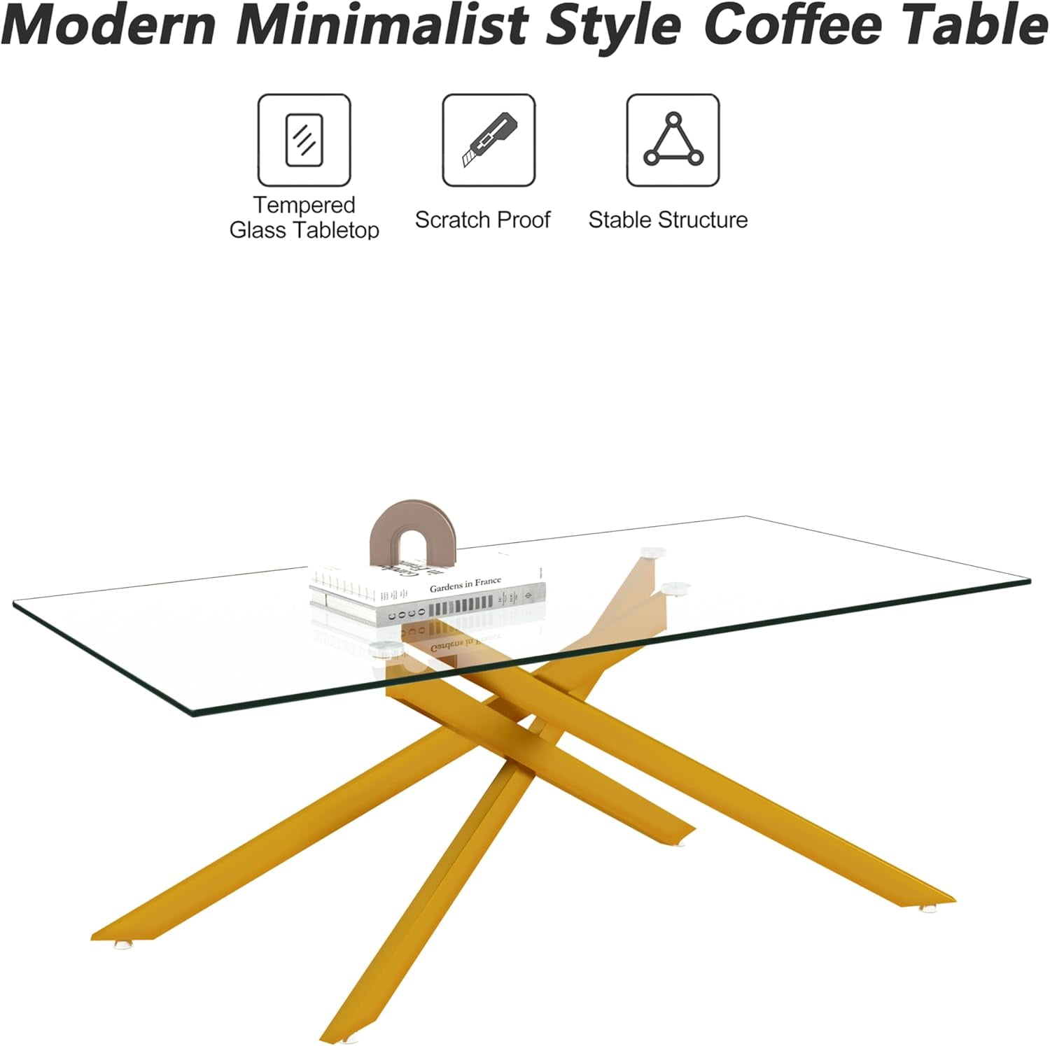 Glass Coffee Table, Holaki 47.2" Clear Rectangle Glass Coffee Table, Modern Coffee Table with Metal Legs, Center Table Sofa Table Home Furniture for Living Room