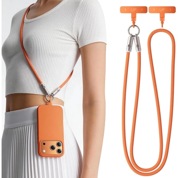 2-in-1 Cell Phone Lanyard with 240W USB C to C Fast Charging Cable,Skin-Friendly Phone Neck Lanyard, Anti Theft Phone Strap Crossbody for Daily & Outdoor Activities,2 Tabs, 3.9FT,Orange