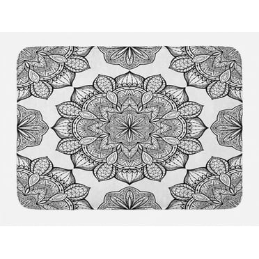 Mandala Bath Mat, Artistic Abstract and Floral Round Figures Ancient Asian Culture Symbol of Cosmos, Non-Slip Plush Mat Bathroom Kitchen Laundry Room Decor, 29.5 X 17.5 Inches, Black White, Ambesonne