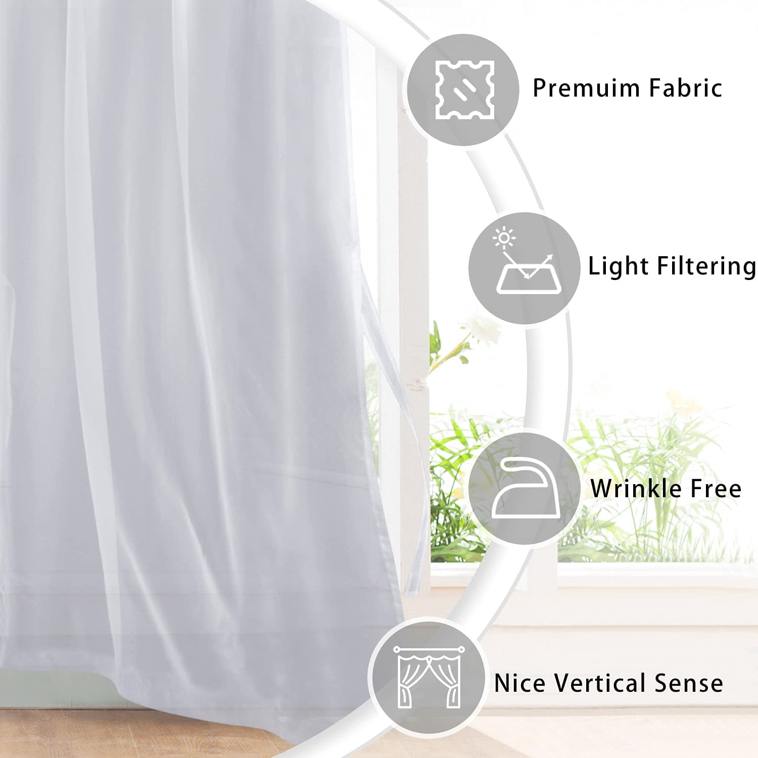 Hiasan Grey Sheer Curtains with Tiebacks, Light Filtering Contemporary Window Drapes for Living Room, Bedroom, Grommet, 52" x 63", Set of 2