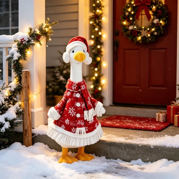 SHENGXINY Christmas Porch Goose Outfit Red Printed Coat with Scarf and Santa Hat Porch Goose Clothes for Yard Garden Winter Decor