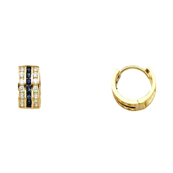 Solid 14k Yellow Gold Blue CZ Huggie Hoop Earrings Huggies Round CZ Three Row Fancy Small Tiny 10 mm