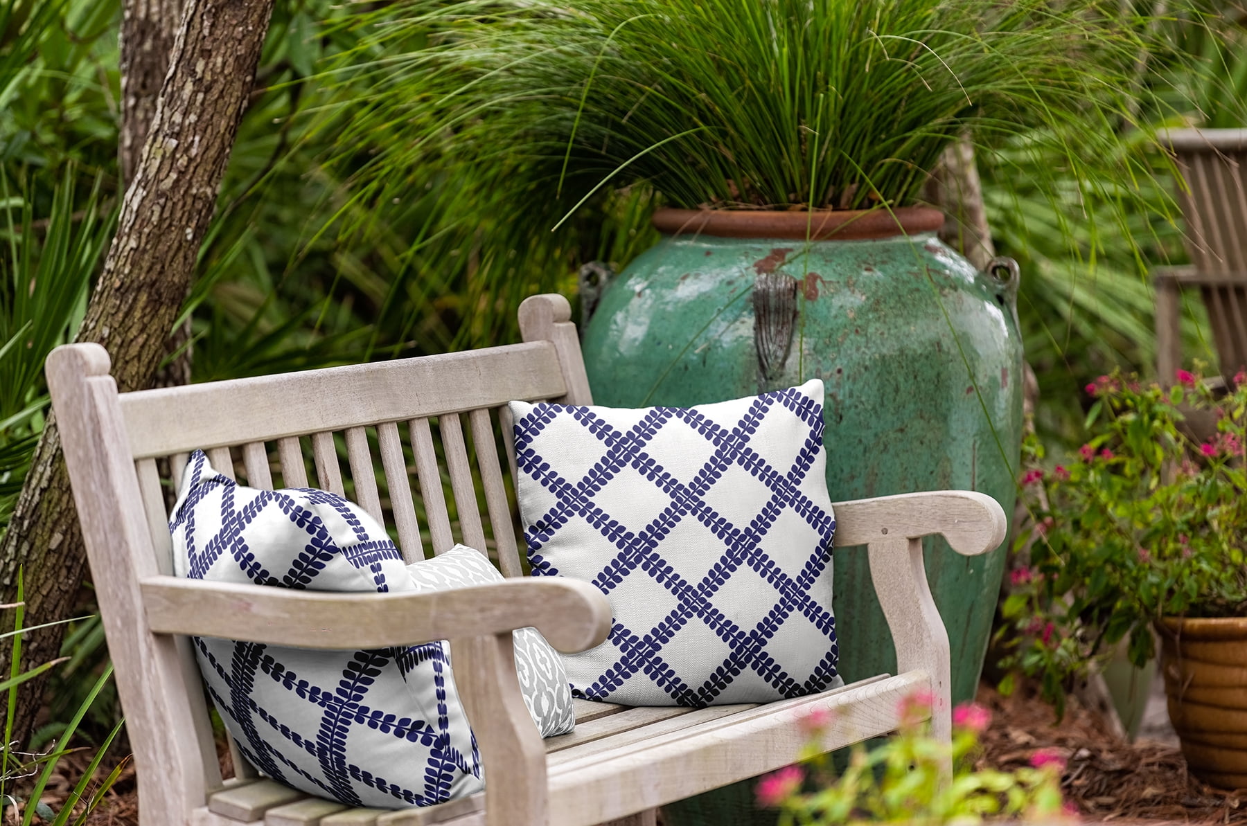 Simply Daisy 20" x 20" Leaf Plaid Indoor/Outdoor Throw Pillow, Purplish Blue (1 count)