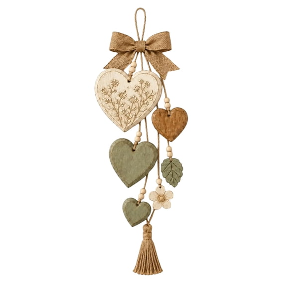 OCLUN Rustic Wooden Heart‑Shaped Wall Hanging Decor, Burlap Bow Tassel Wood Heart Pendant Ornament for Front Door Entryway Living Room Farmhouse Home Decor,green