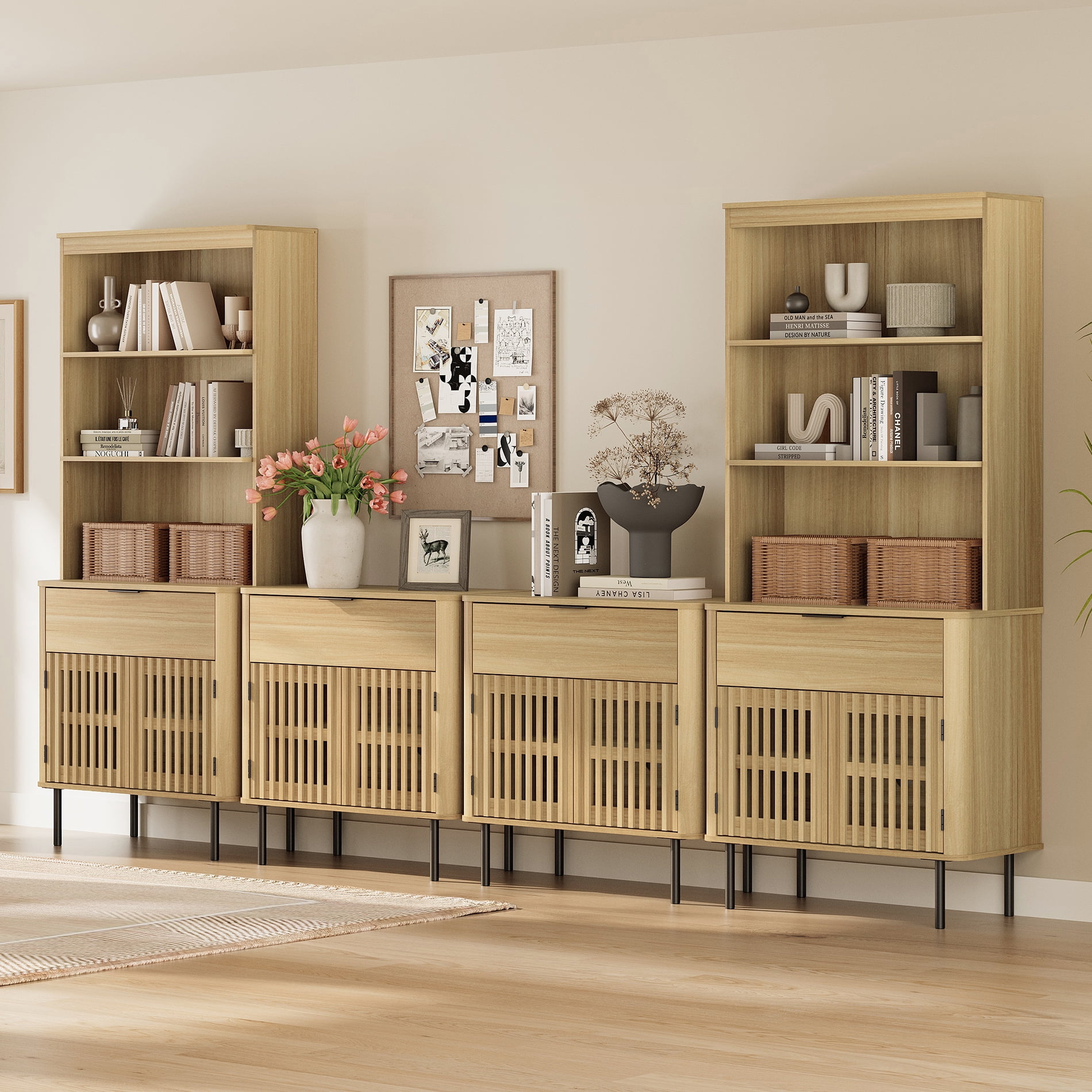 72.8" H X 126" W Kitchen Pantry With Bookcases, Push-to-open Door Kitchen Hutch With Drawer And Adjustable Shelf, Oak