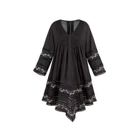 - Women's Hand Embroidered Long Black Tunic Top- V-Neckline 3/4 Sleeve 100% Cotton