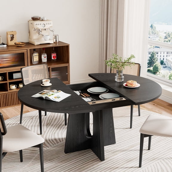 Epecoya 59-Inch Extendable Dining Table For 4-6 People, Modern Kitchen Oval Dinner Table With Storage Shelf And Cross Pedestal For Dining Room, Living Room, Black