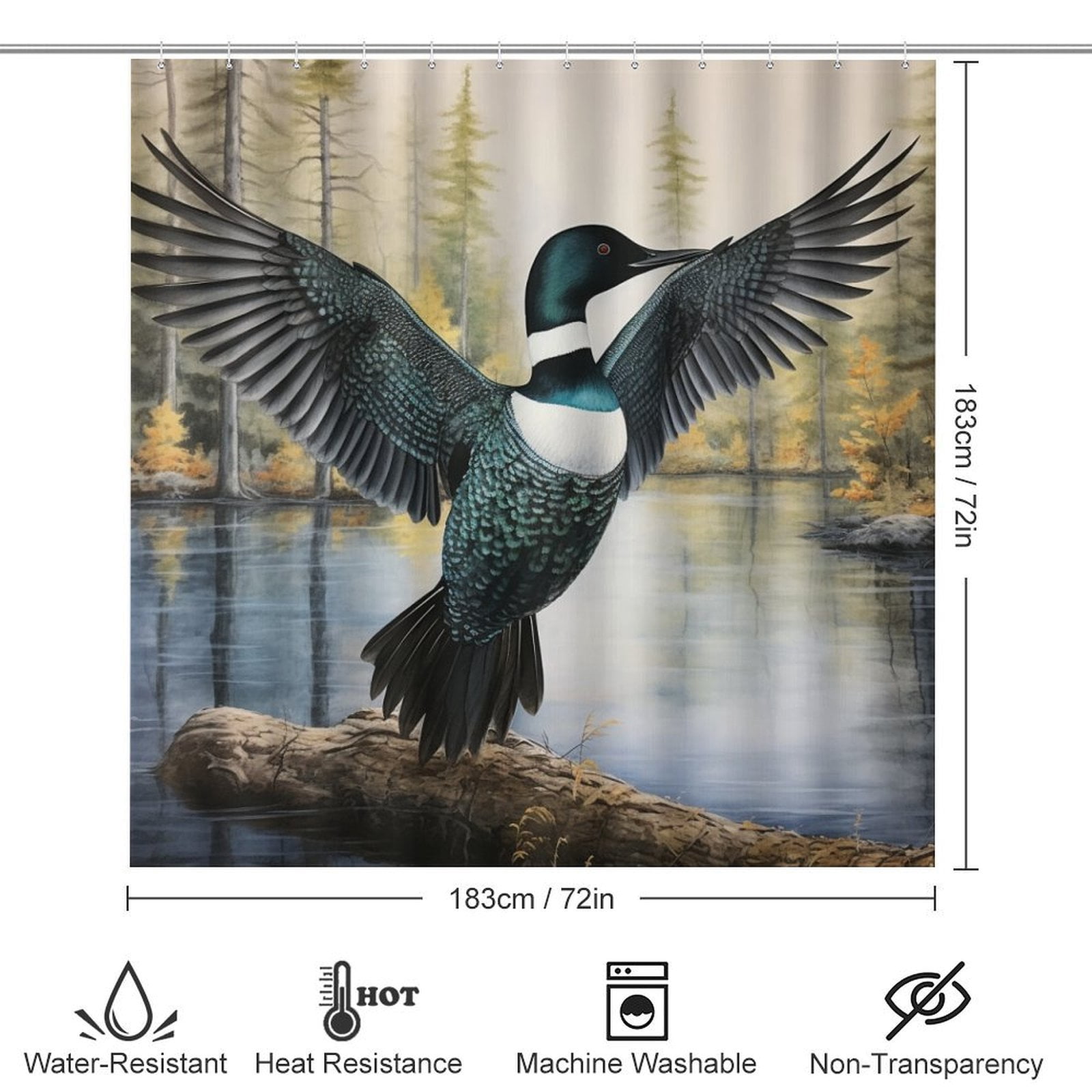 Loon Flexing His Wings 4 Pcs Shower Curtain Sets with Non-Slip Rugs Toilet Lid Cover And Bath Mat Bathroom Decor Set Loon Nature Bird Lake Water Waterproof Personality Pattern Bath Curtain