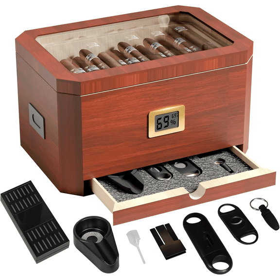 Elegant Cedar Cigar Humidor with Glass Top & Hygrometer - Holds 80 Cigars