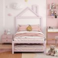thumbnail image 2 of House-Shaped Platform Bed with Twin Size Trundle, Twin Size Metal Platform Bed Frame for Kids Girls Boys, No Needed Box Spring, Pink, 2 of 9