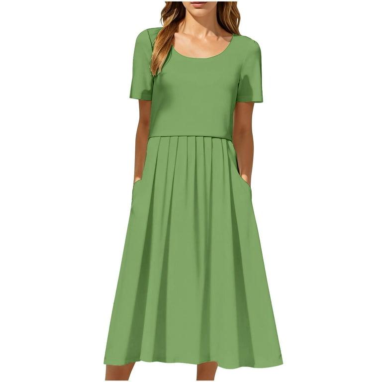 NXMZXB Women's Summer Short Sleeve A-Line Midi Dresses Casual Ruched  Pleated Tunic T-Shirt Dresses Loose Flowy Beach Sundress with Pockets  Orange S